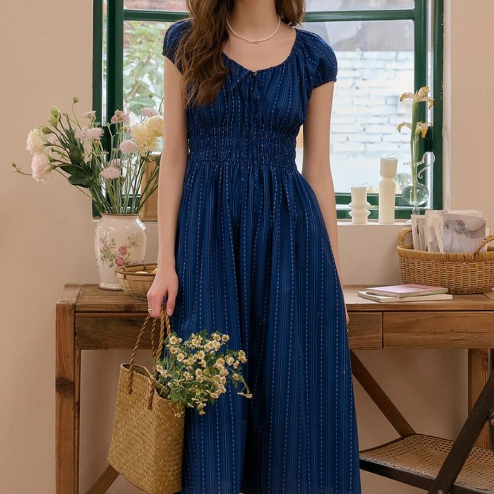Simple Retro NWT smocked peasant-style midi dress, cobalt blue